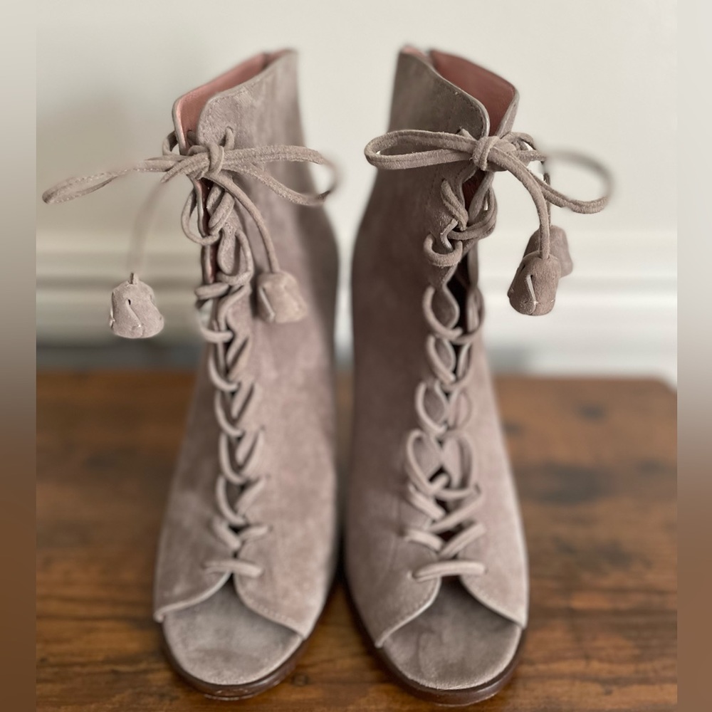 COACH Lena Lux Suede Lace-Up Open Toe Stiletto Heeled Booties, size 8 1/2